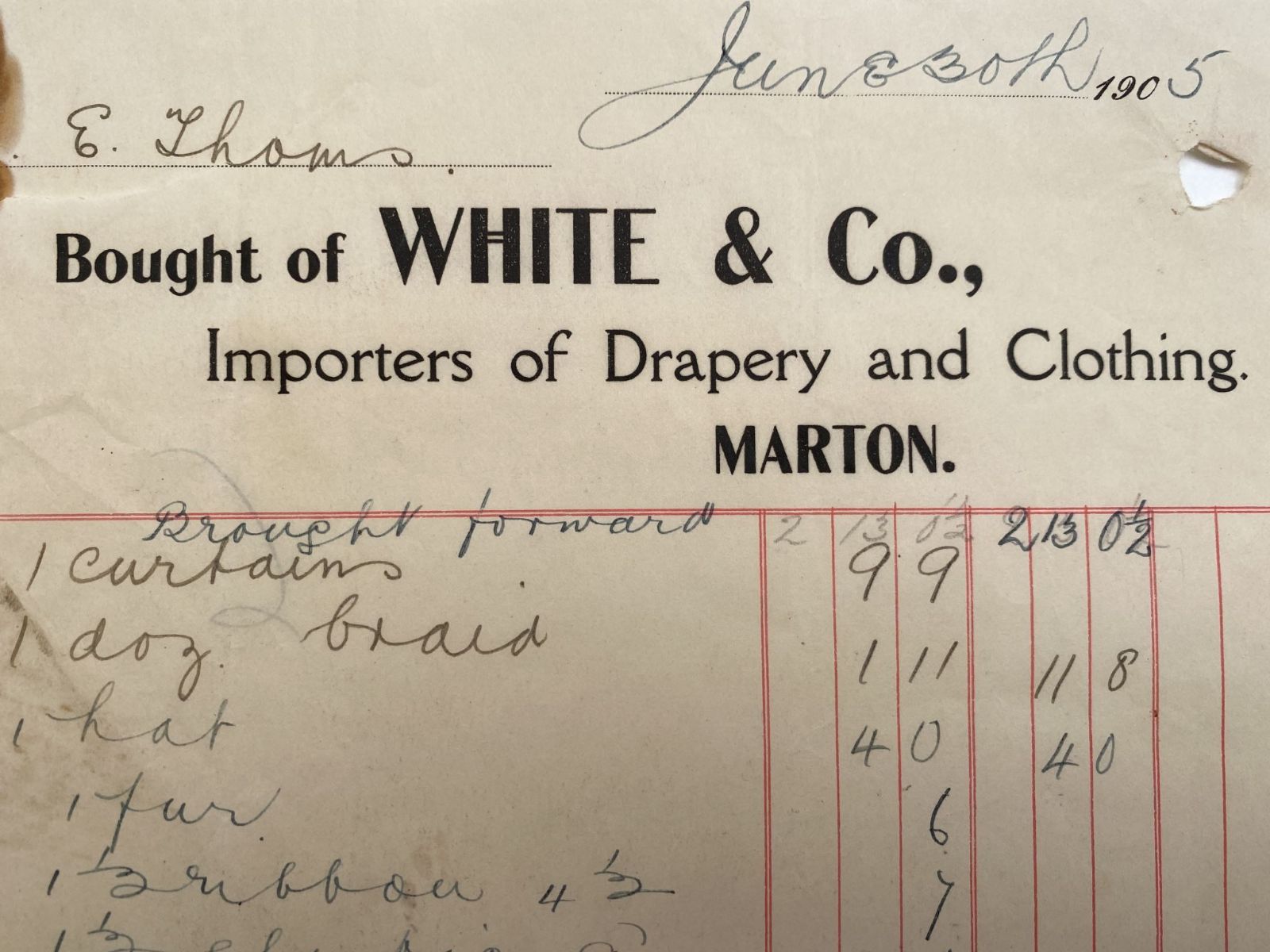 ANTIQUE INVOICE / RECEIPT: White & Co, Drapery & Clothing Importers 1905