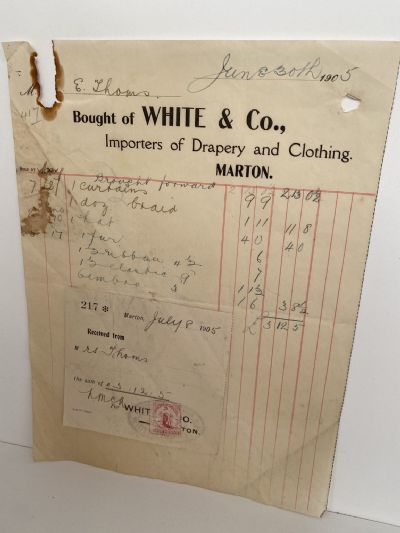 ANTIQUE INVOICE / RECEIPT: White & Co, Drapery & Clothing Importers 1905