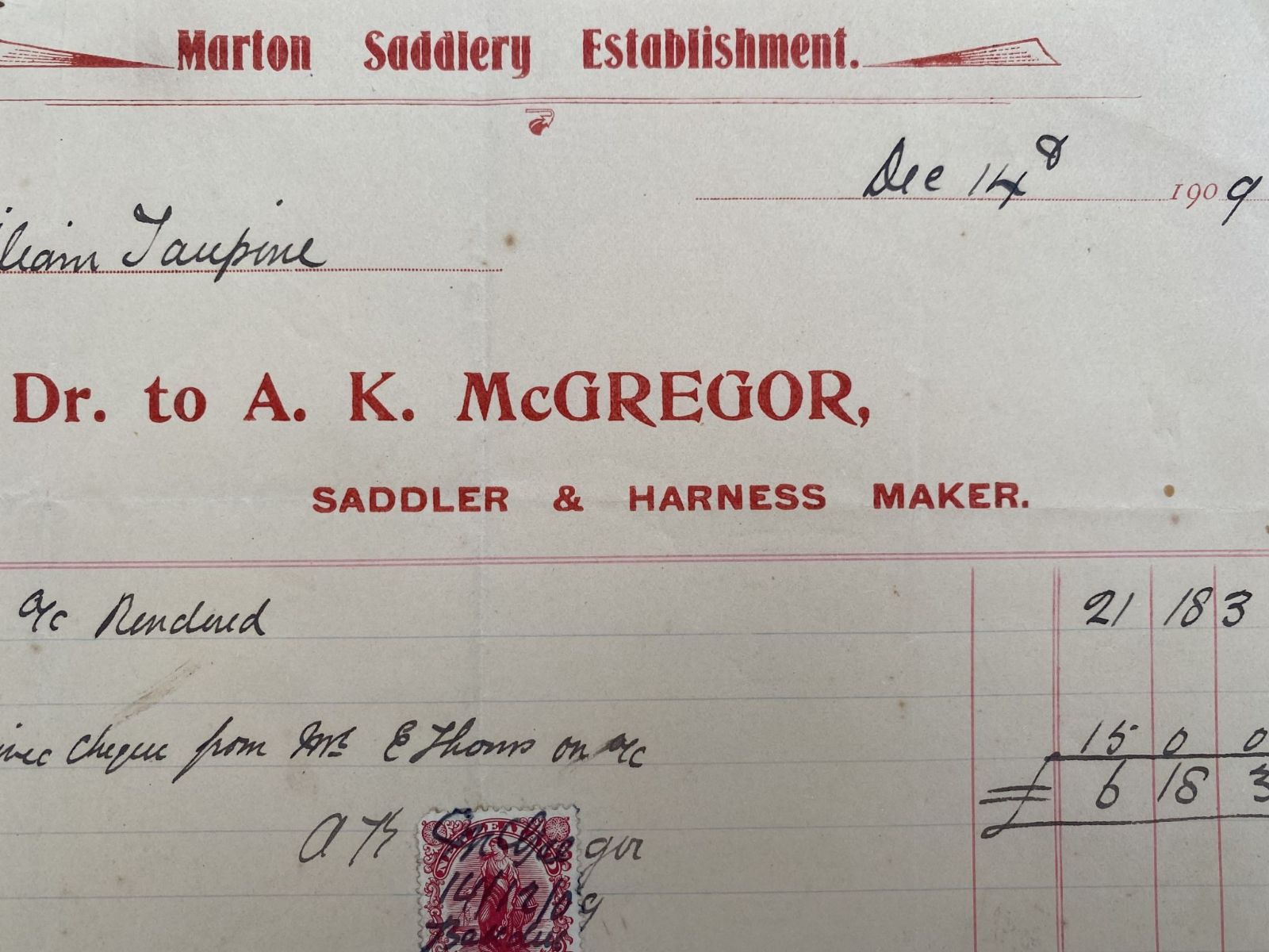 ANTIQUE INVOICE / RECEIPT: A. K. McGregor, Marton - Saddler & Harness Maker 1909
