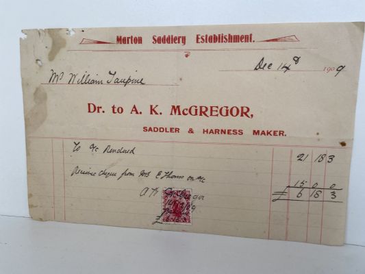 ANTIQUE INVOICE / RECEIPT: A. K. McGregor, Marton - Saddler & Harness Maker 1909