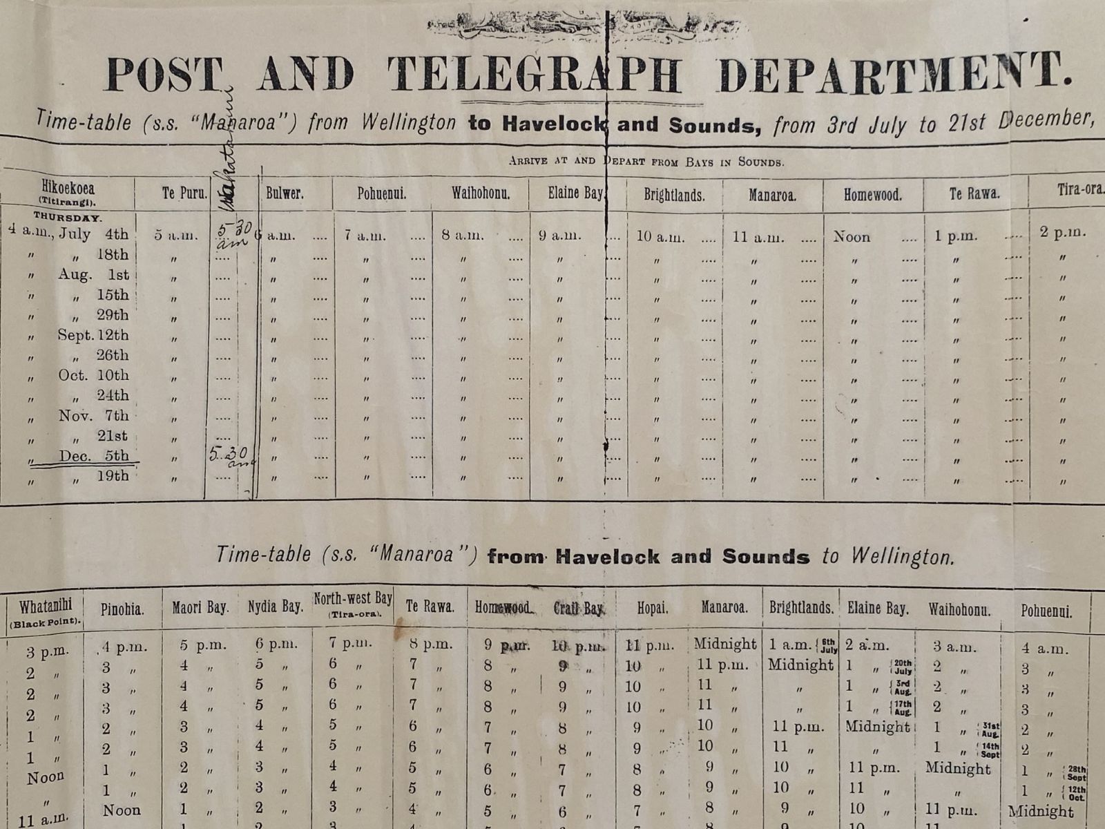 ANTIQUE TIMETABLE: Post & Telegraph Department 1912