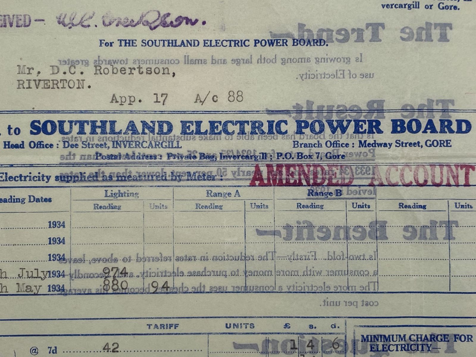 OLD INVOICE / RECEIPT: Southland Electric Power Board 1934