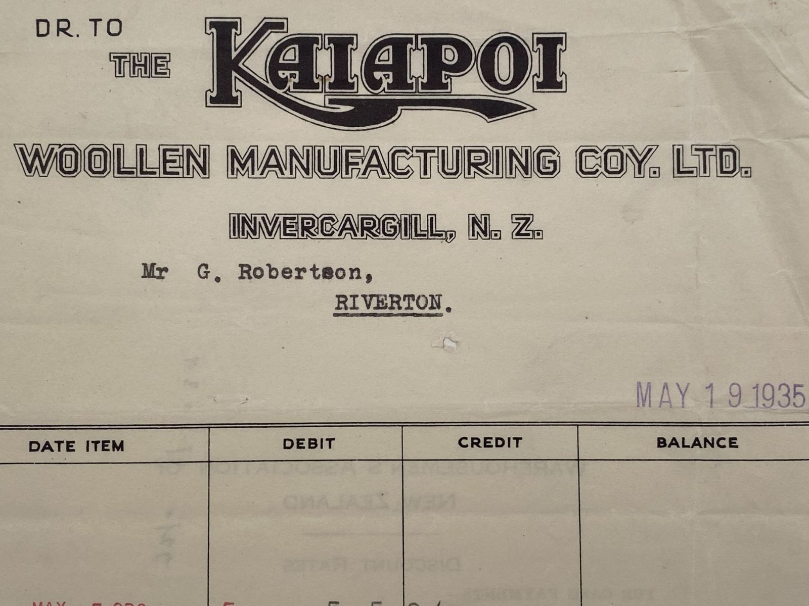 OLD INVOICE / RECEIPT: Kaiapoi Woollen Manufacturing Co. 1935