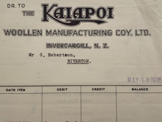 OLD INVOICE / RECEIPT: Kaiapoi Woollen Manufacturing Co. 1935 