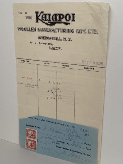 OLD INVOICE / RECEIPT: Kaiapoi Woollen Manufacturing Co. 1935