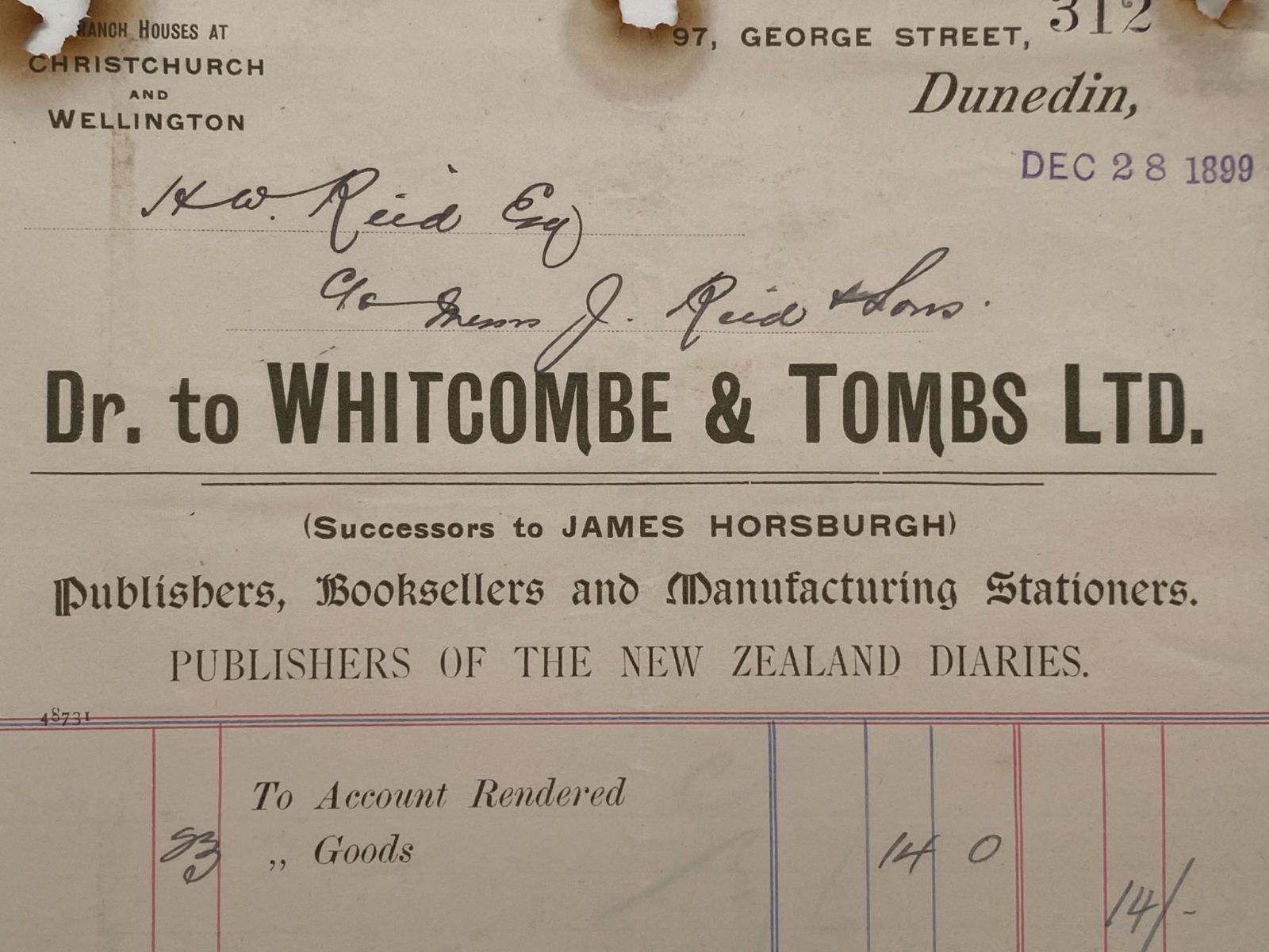 ANTIQUE INVOICE / RECEIPT: Whitcombe & Tombs Ltd, Dunedin 1899