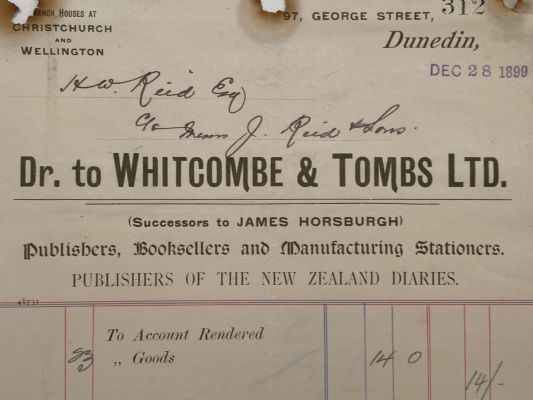 ANTIQUE INVOICE / RECEIPT: Whitcombe & Tombs Ltd, Dunedin 1899 