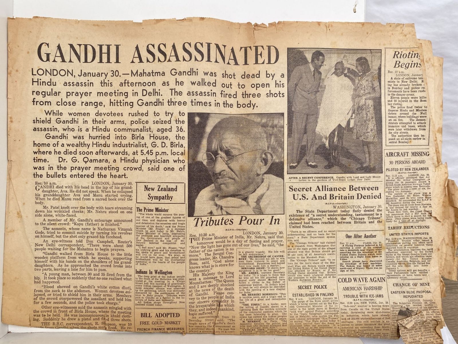 OLD NEWSPAPER: The Evening Post, 31 January 1948 - Gandhi Assassinated
