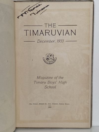 THE TIMARUVIAN: Magazine of the Timaru Boys' High School and its Old Boys' Association 1933