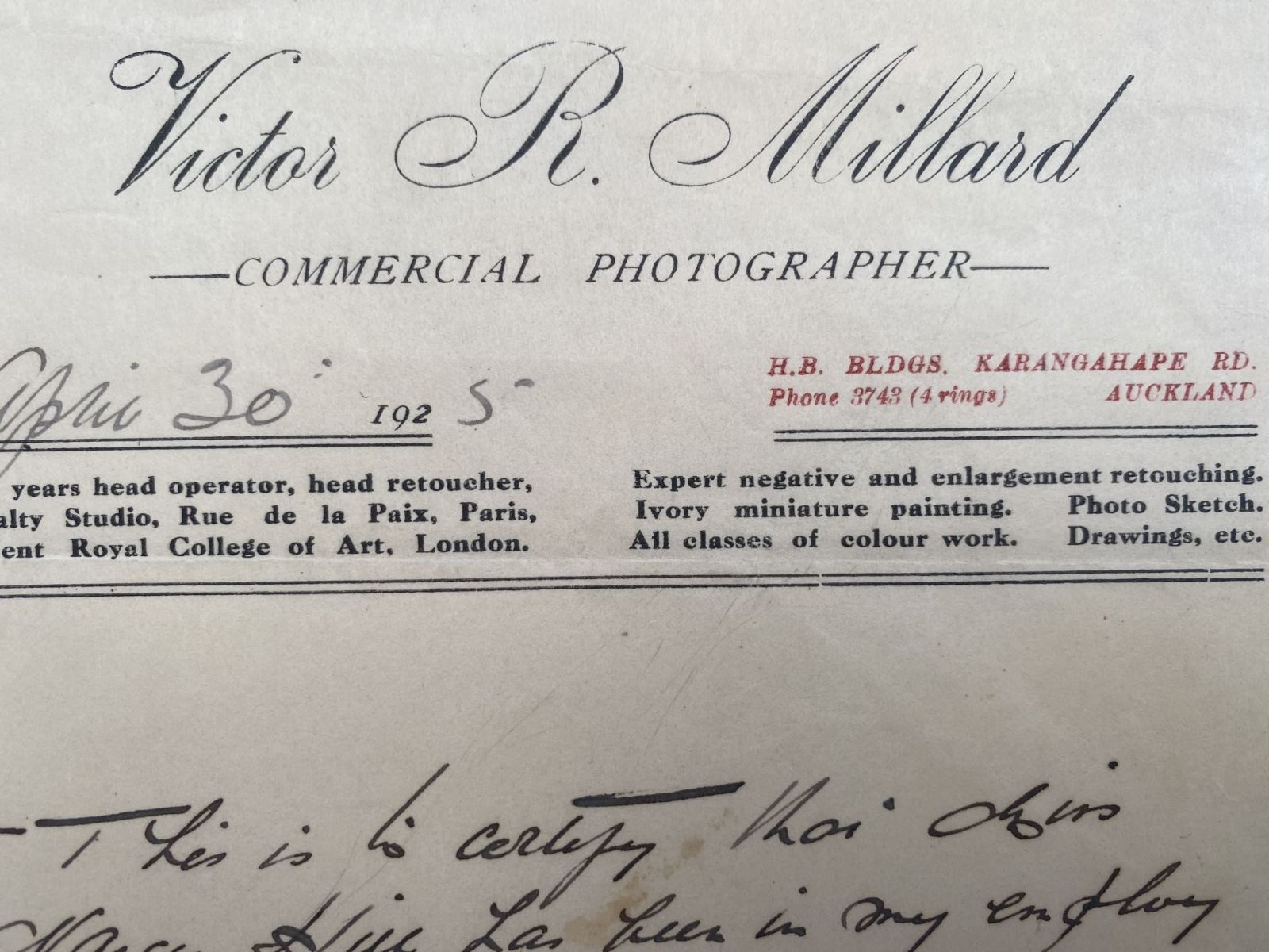 ANTIQUE LETTERHEAD: Victor R. Millard - Commercial Photographer 1925