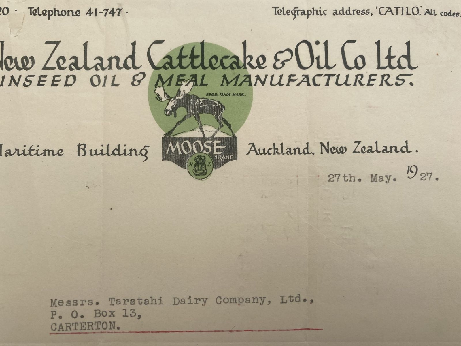 ANTIQUE LETTERHEAD: New Zealand Cattlecake & Oil Co. Ltd 1927