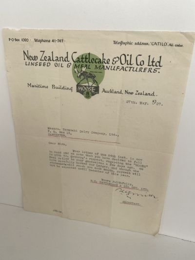 ANTIQUE LETTERHEAD: New Zealand Cattlecake & Oil Co. Ltd 1927