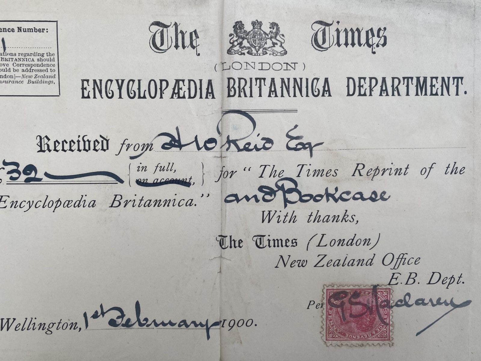 ANTIQUE INVOICE / RECEIPT: Encyclopaedia Britannica 1900