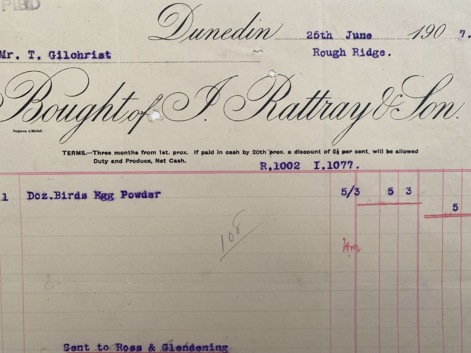 ANTIQUE INVOICE / RECEIPT: J. Rattray & Son, Dunedin 1907