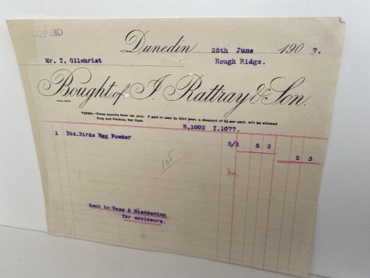 ANTIQUE INVOICE / RECEIPT: J. Rattray & Son, Dunedin 1907