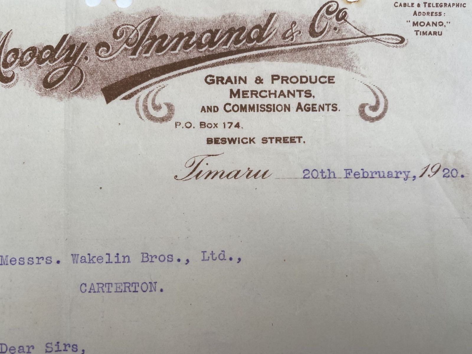 ANTIQUE LETTERHEAD: Moody Annand & Co. Ltd - Grain & Produce Merchants 1920