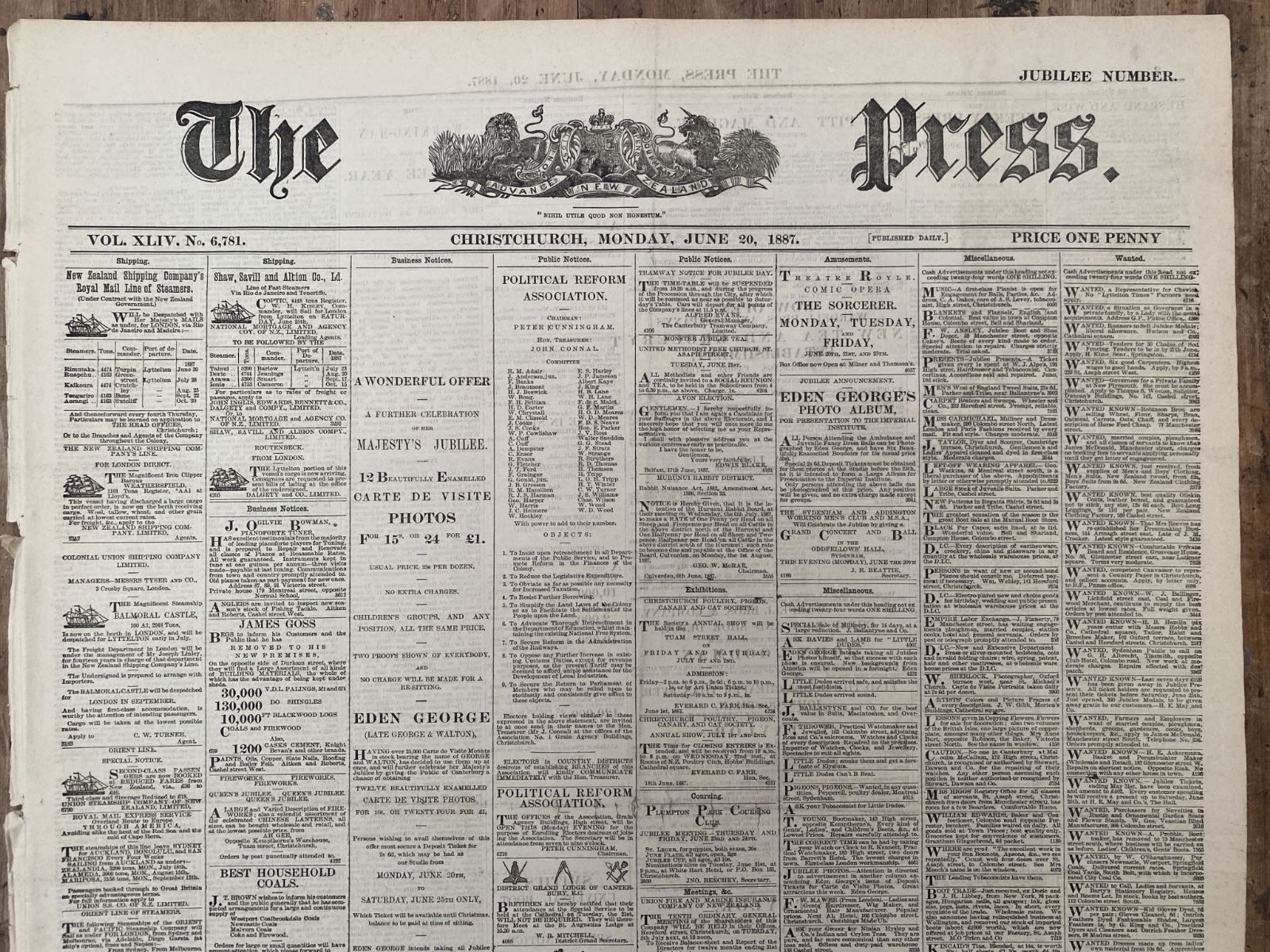 OLD NEWSPAPER: The Press, Christchurch - 20 June 1887