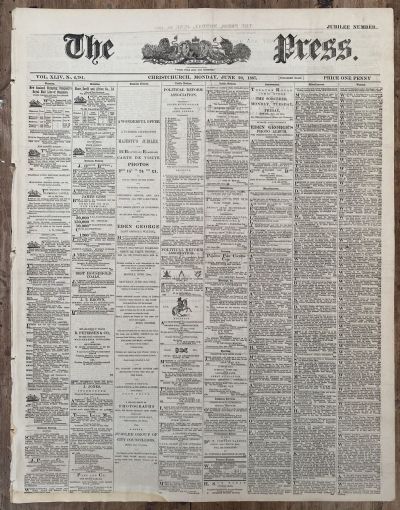 OLD NEWSPAPER: The Press, Christchurch - 20 June 1887