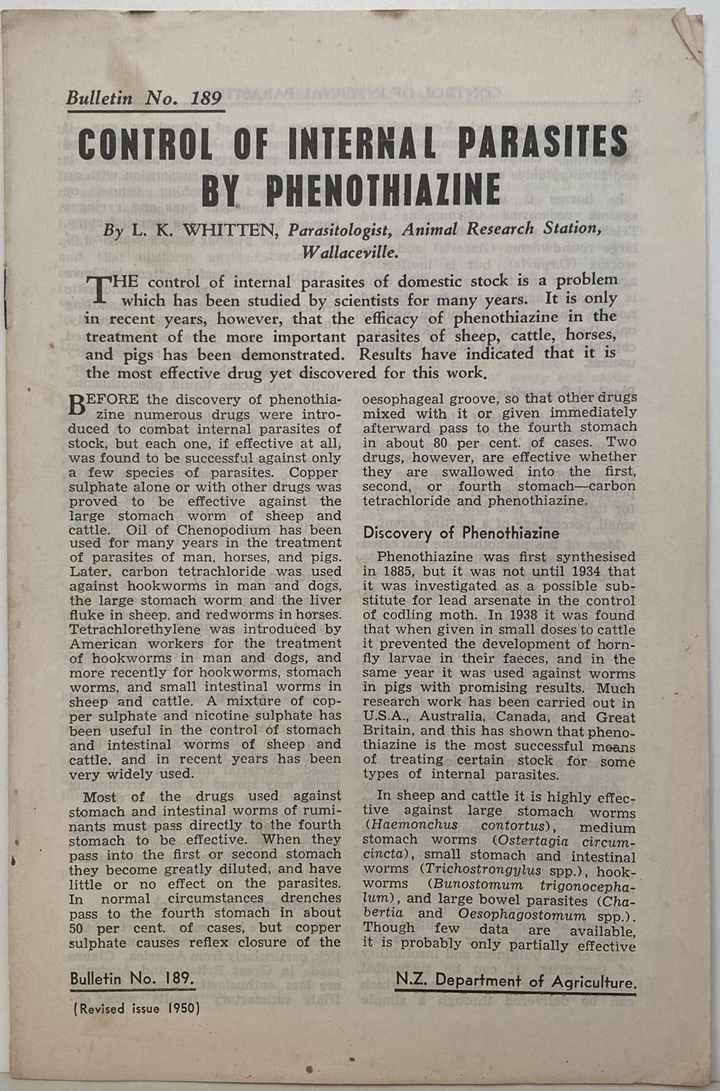 CONTROL of INTERNAL PARASITES by PHENOTHIAZINE: Bulletin No. 189