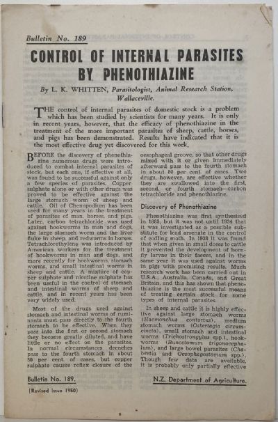 CONTROL of INTERNAL PARASITES by PHENOTHIAZINE: Bulletin No. 189 