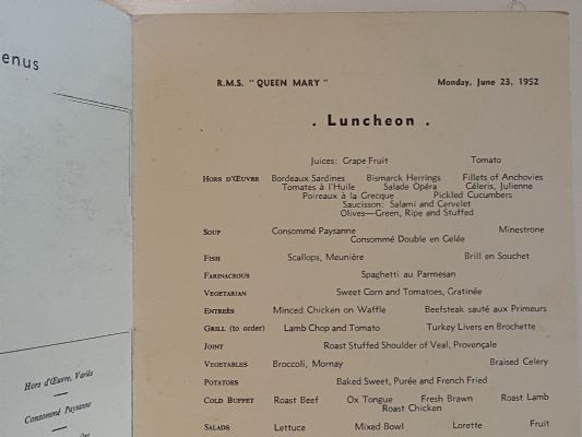 MARITIME MEMORABILIA: Cunard Line - RMS Queen Mary - Luncheon Menu 23 June 1952