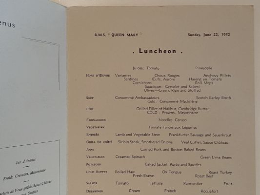 MARITIME MEMORABILIA: Cunard Line - RMS Queen Mary - Luncheon Menu 22 June 1952