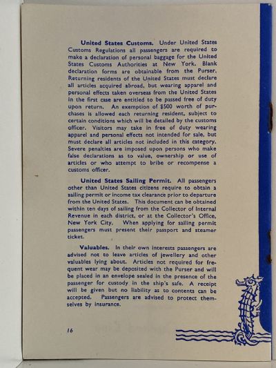 MARITIME MEMORABILIA: Cunard Line - General Information for Passengers
