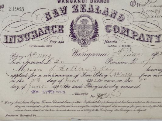 ANTIQUE INVOICE / RECEIPT: New Zealand Insurance Co. - policy renewal 1902 
