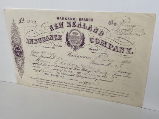 ANTIQUE INVOICE / RECEIPT: New Zealand Insurance Co. - policy renewal 1902