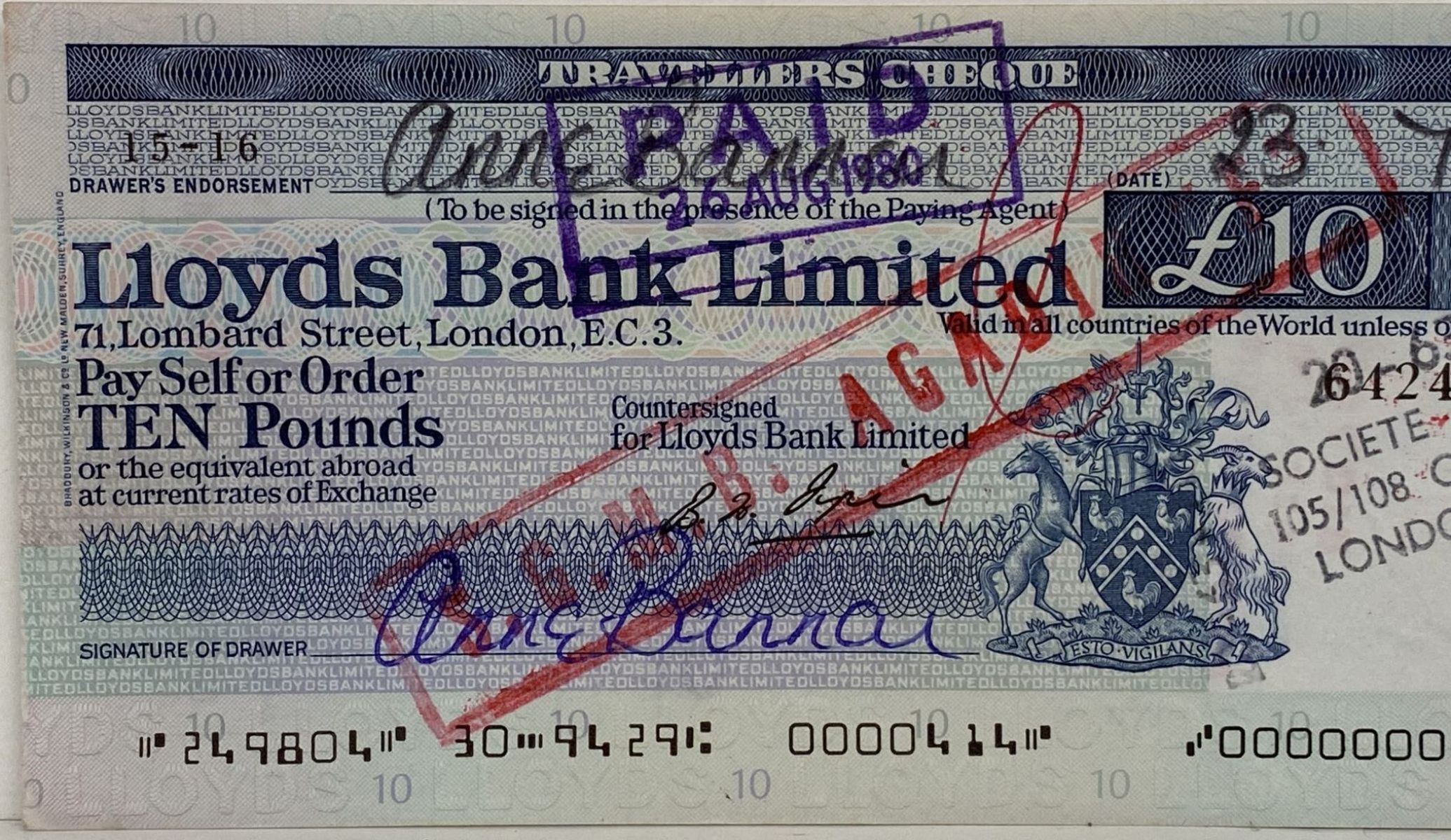 OLD BANKING MEMORABILIA: Travellers Cheque issued by Lloyds Bank, London 1980