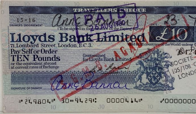 OLD BANKING MEMORABILIA: Travellers Cheque issued by Lloyds Bank, London 1980 