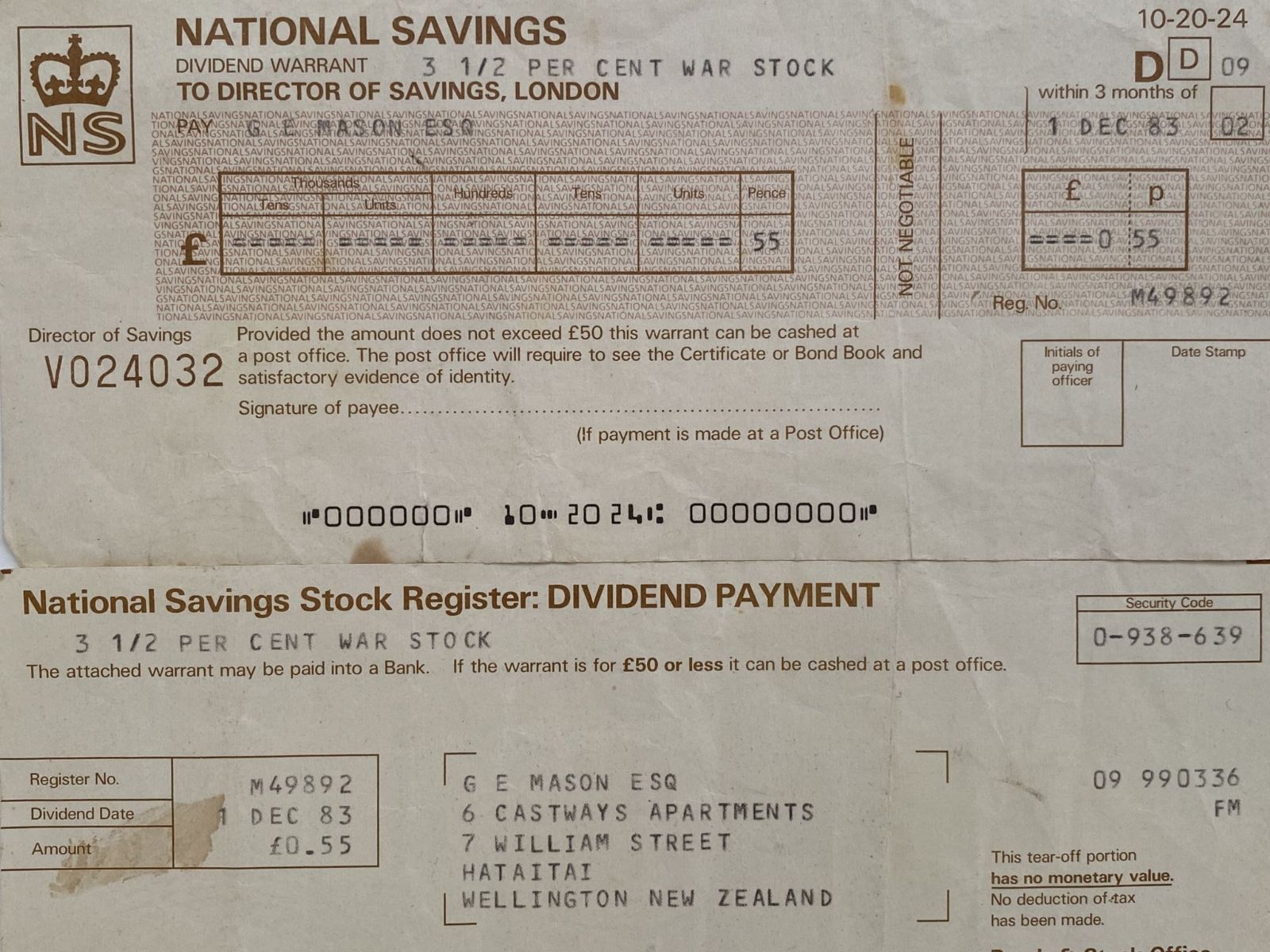 OLD BANKING MEMORABILIA: Cheque issued by Dept for National Savings, London 1983