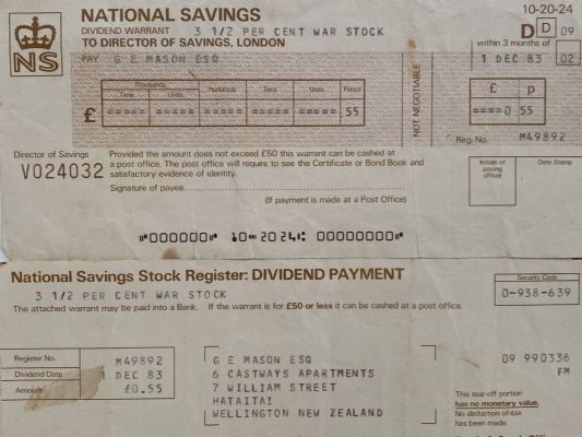 OLD BANKING MEMORABILIA: Cheque issued by Dept for National Savings, London 1983 