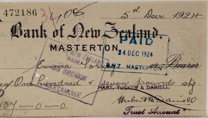 OLD BANKING MEMORABILIA: Bank cheque issued by BNZ Bank, Masterton 1924 