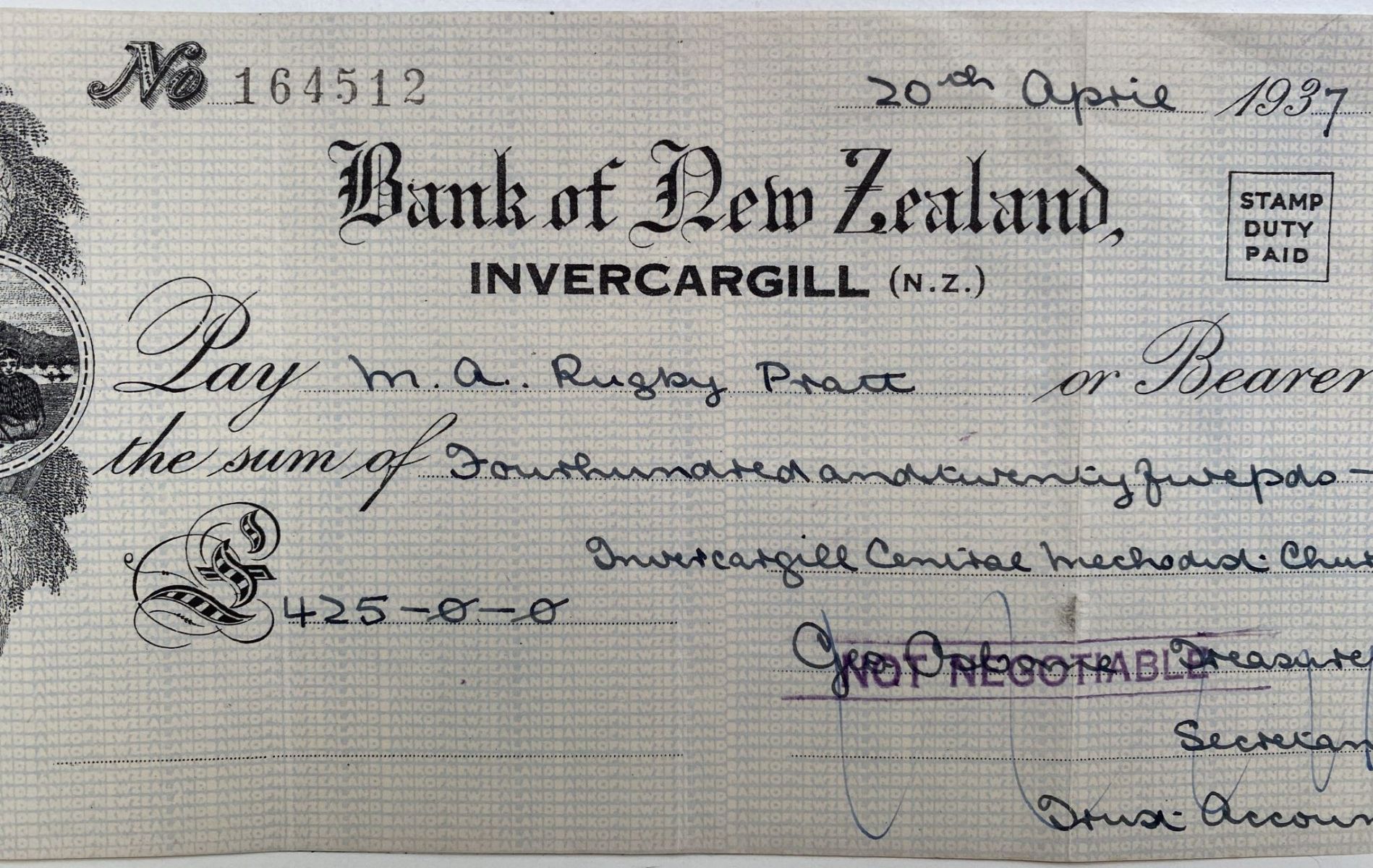 OLD BANKING MEMORABILIA: Bank cheque issued by BNZ Bank, Invercargill 1937