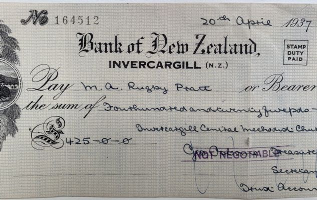 OLD BANKING MEMORABILIA: Bank cheque issued by BNZ Bank, Invercargill 1937 