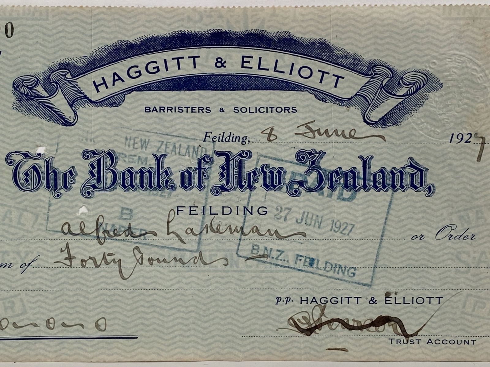 OLD BANKING MEMORABILIA: Bank cheque issued by BNZ Bank, Feilding 1927