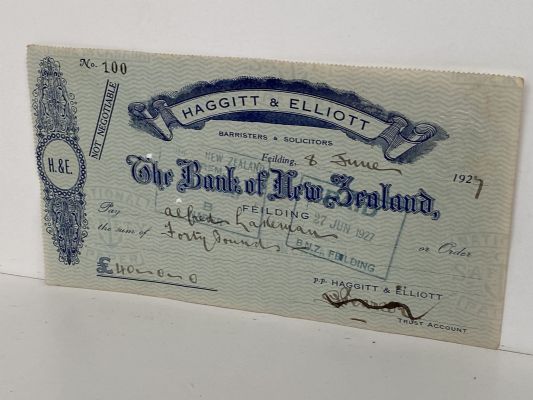 OLD BANKING MEMORABILIA: Bank cheque issued by BNZ Bank, Feilding 1927