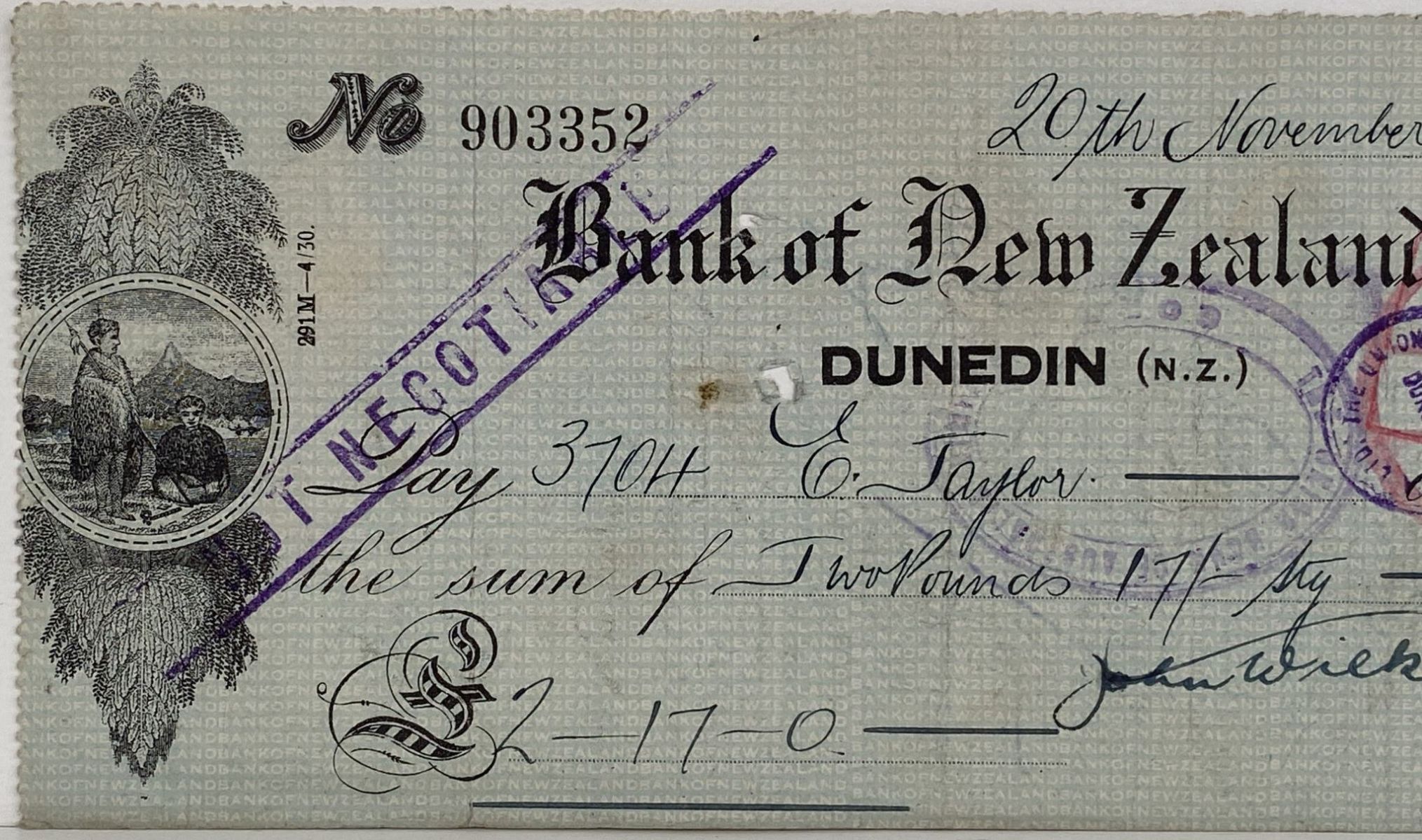 OLD BANKING MEMORABILIA: Bank cheque issued by BNZ Bank, Dunedin 1930