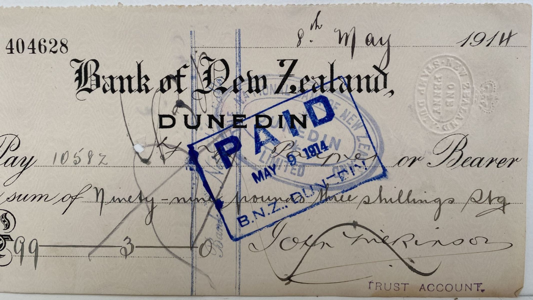 OLD BANKING MEMORABILIA: Bank cheque issued by BNZ Bank, Dunedin 1914