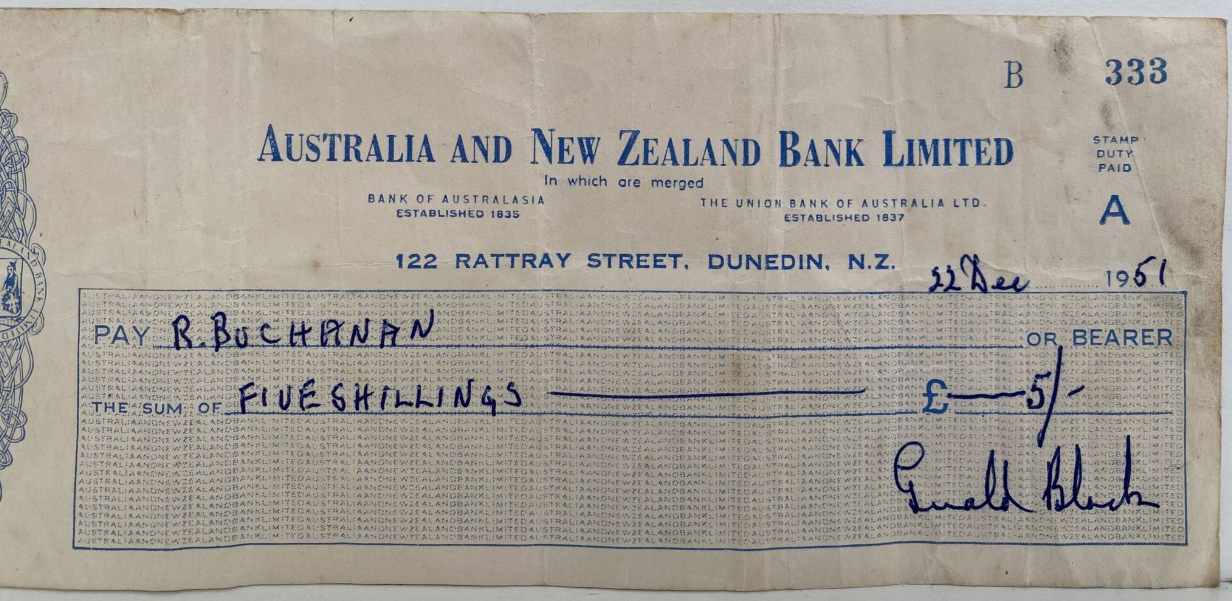 OLD BANKING MEMORABILIA: Bank cheque issued by ANZ Bank, Dunedin 1951