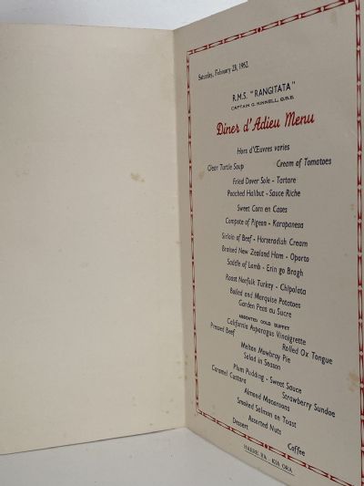 MARITIME MEMORABILIA: Shaw Savill Line - R.M.S. Rangitata - Dinner Menu 1952