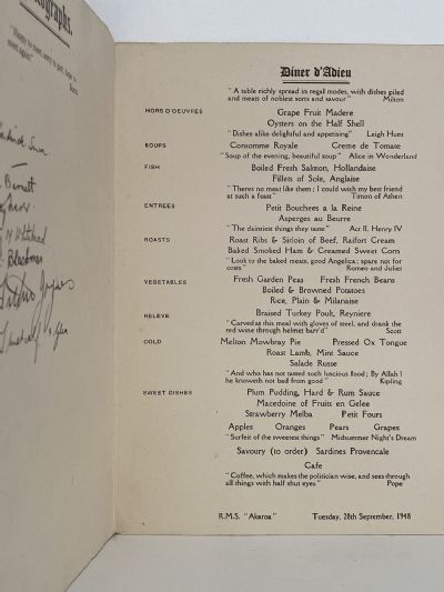MARITIME MEMORABILIA: Shaw Savill Line - R.M.S. Akaroa - Dinner Menu 1948