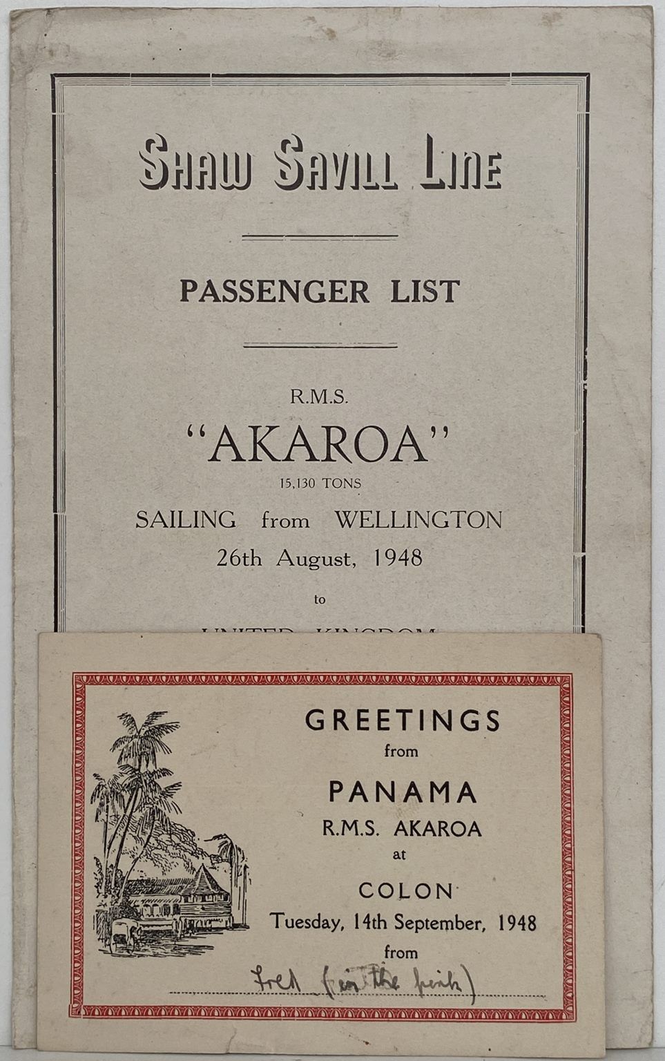 MARITIME MEMORABILIA: Shaw Savill Line - Passengers List R.M.S. Akaroa 1948