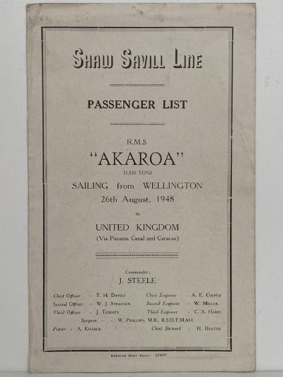MARITIME MEMORABILIA: Shaw Savill Line - Passengers List R.M.S. Akaroa 1948