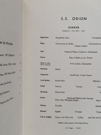 MARITIME MEMORABILIA: P&O Orient Lines - S.S. Orion - Dinner Menu 7th May 1962