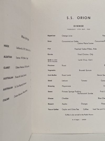 MARITIME MEMORABILIA: P&O Orient Lines - S.S. Orion - Dinner Menu 17 May 1962