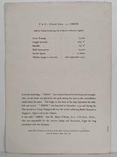MARITIME MEMORABILIA: P&O Orient Lines - S.S. Orion - Dinner Menu 13th May 1962