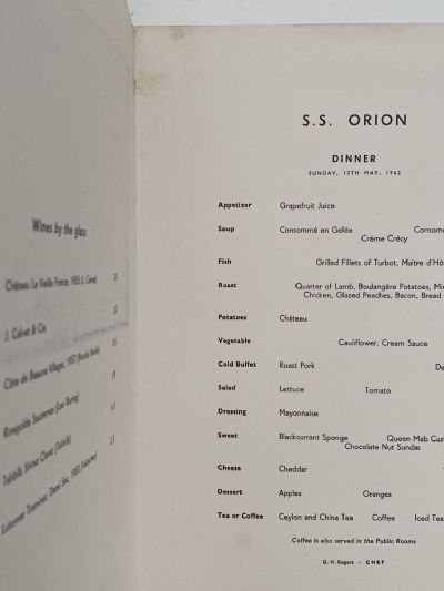 MARITIME MEMORABILIA: P&O Orient Lines - S.S. Orion - Dinner Menu 13th May 1962
