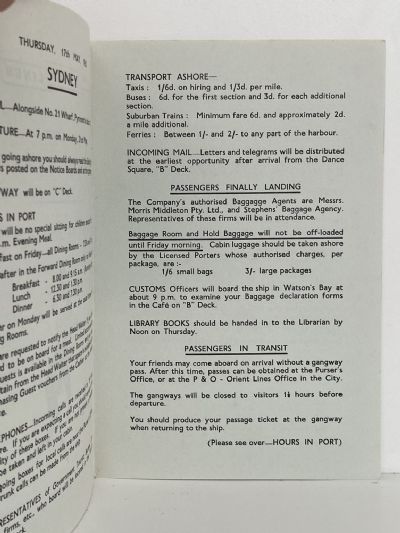MARITIME MEMORABILIA: P&O Orient Lines - Port Information for Sydney 1962